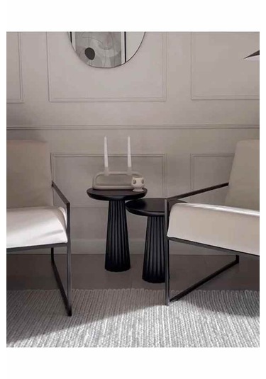 Masif Doğal Ahşap 2 Li Yan Sehpa Seti Siyah Renk Zigon