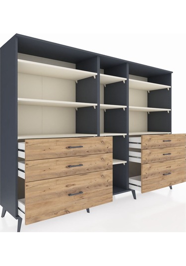 Hyperion Dolap 10 Raflı 6 Çekmeceli 220x44x163 Antrasit-aytaşı/ç Antrasit-aytaşı/çam