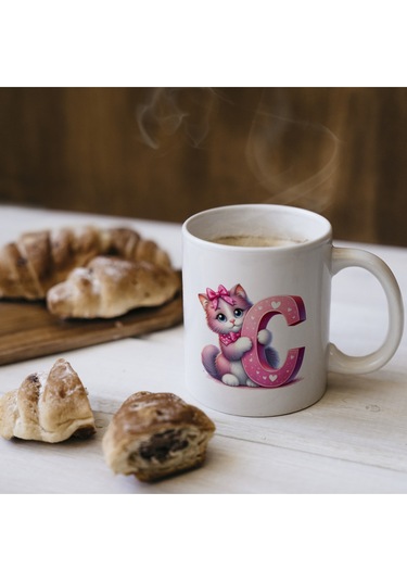 C Harfli Bardak, Sevimli Kedili Pembe Tasarım Bardak, Arkadaşa Aileye Hediye Porselen Beyaz