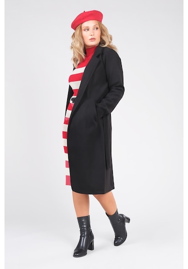 Giyim Dünyası Kadın Astarsız Kuşaklı Kaşe Kaban Siyah 001