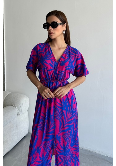 Kadın Mor Derin V Yaka Yazlık Uzun Önden Yırtmaçlı Viskon Elbise