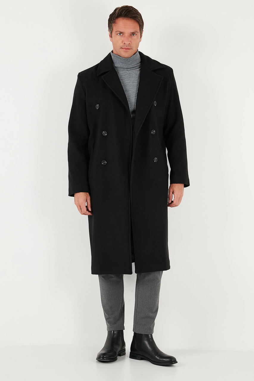 Buratti Loose Fit Kruvaze Yaka Uzun Astarlı Kaşe Erkek Kaban 681003 Siyah