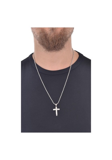 Erkek Top Zincir Çelik Haç Simge Uçlu Kolye Gümüş