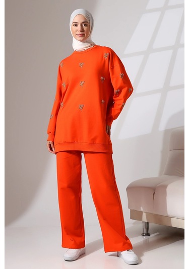 Kadın Turuncu Mevsimlik Penye Alt Üst Spor Ve Rahat Tesettür Takım Turuncu