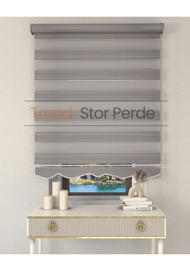 Geniş Plise Gri Etek Dilimli Zebra Stor Güneşlik Perde Kırık Gri