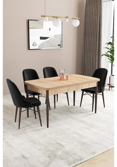 Sar Pakete Almira Serisi, Meşe Desen 80x132 Açılabilir Mdf Mutfak Masası Takımı 4 Adet Sandalye Siyah