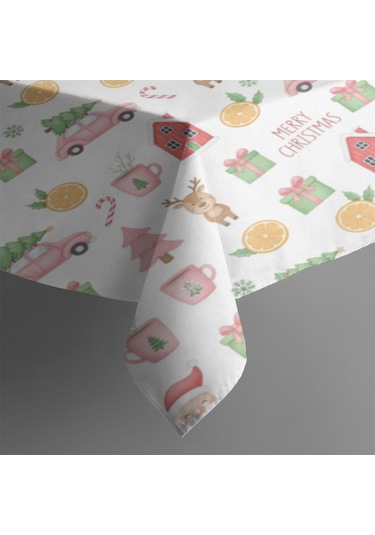 Noel Desenli Dikdörtgen Masa Örtüsü 60x84 İnç, Su Geçirmez Ve Leke Tutmaz Noel Baba Noel Araba