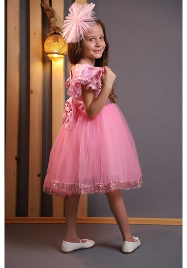 Kız Çocuk Tül Beyaz Pembe Kırmızı Tokalı Prenses Doğum Günü Bayram Abiye Mezuniyet Şık Elbise Pembe