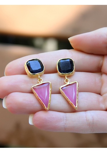 Kare Üçgen Modelli Kedigözü Cam Gold Kaplamalı Kadın Küpe Euku24sp Pembe