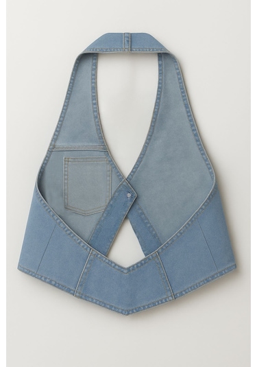 Kadın Tek Düğmeli Boyundan Askılı Jean Yelek Açık Mavi