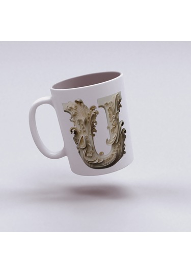 U Harfi Bardak, Monogram 330 Ml Barok Oymalı Görünüm Beyaz