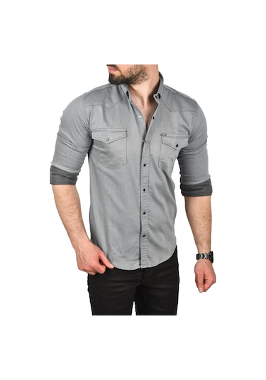 Deepsea Erkek Gri Slim Fit Pamuklu Cepli Kot Gömlek Çıtçıtlı Uzun Kollu Spor Gömlek 2502503 Gri
