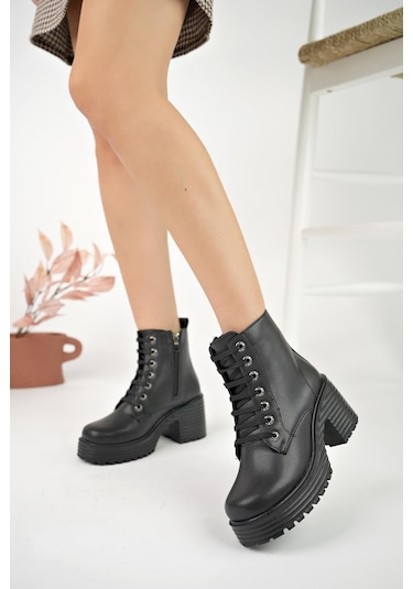 Muggo Grazi Garantili Kalın Taban Platform Topuklu Fermuarlı Bağcıklı Kadın Bot 001