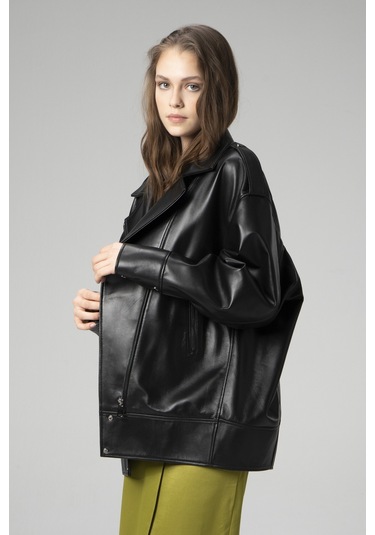 Dericlub Wm019 Oversize Biker Hakiki Deri Kadın Mont