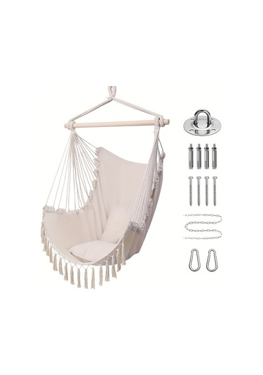 Bej Püsküllü Halat Hamak Sandalye