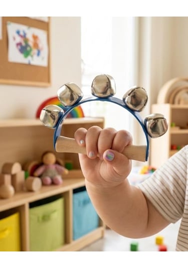 Temel Ahşap Saplı Ritim El Zili 5 Zilli Mavi 10.5 Cm