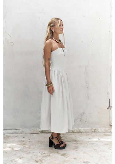 Narissa Askılı Midi Ekru Elbise Ekru
