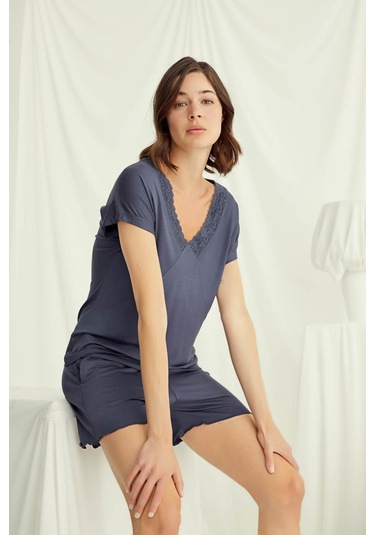Monamise 18502 Kadın V Yaka Kısa Kollu Şortlu Pijama Takımı-lacivert Lacivert