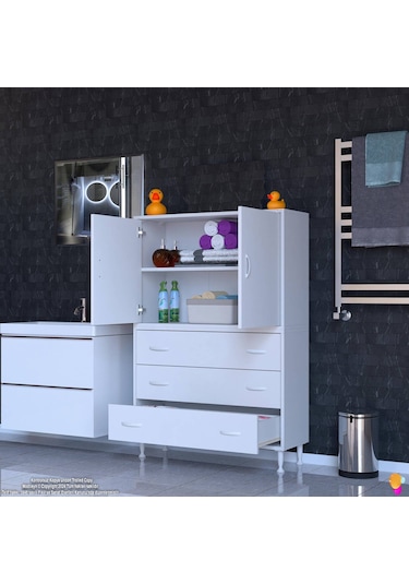 Modilayn İlkim 80 X 138 X 32,5 Cm' Lik Kapak İçi Çift Raflı Ve 3 Çekmeceli Düzen Harikası Dolap Beyaz