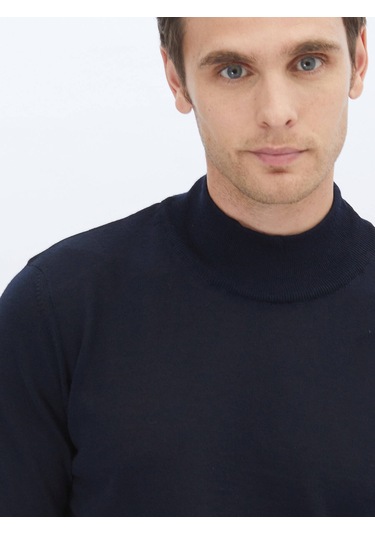 Kip Lacivert Yarım Balıkçı Yaka Düz Örgü Yün Karışımlı Triko Çok Renkli