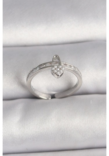 Pirinç Gümüş Renk Zirkon Taşlı İnci Detaylı Kilit Kalp Model Ayarlanabilir Yüzük Çok Renkli