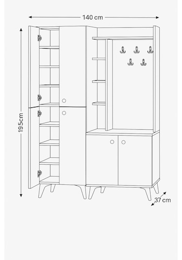 İnci Portmanto Takımı Beyaz Raflı Askılıklı Çok Bölmeli Kapaklı Ayakkabılık 140x37x195 Cm