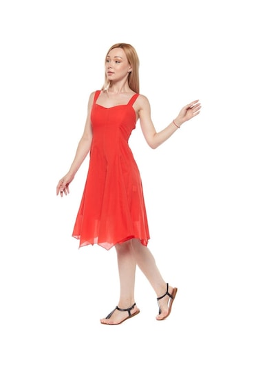 Kırmızı Askılı Vual Asimetrik Yazlık Elbise