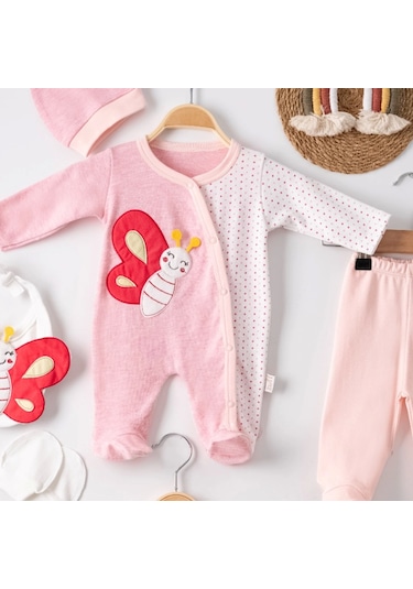 Candar 3 Ay Kelebek Nakışlı Puanlı Tulumlu Kız Bebek 5'li Set Pembe