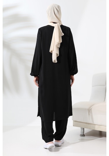 Kadın Medine İpeği Hac Umre Kıyafeti Tesettür İkili Takım - Siyah Siyah