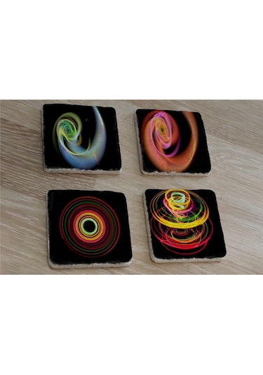 Radyal Renkli Tasarımlar Doğal Taş Bardak Altlığı 4'lü Set - Natural Stone Coasters - Taş Çok Renkli