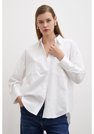 Never More Varaklı Poplin Gömlek Beyaz Beyaz