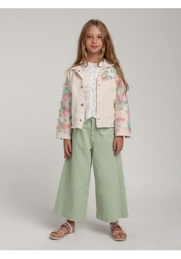 Kız Çocuk Tasarım Çiçekli Kot Ceket-15577 Ekru