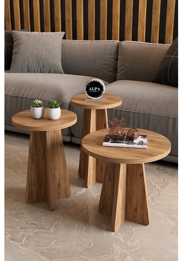 Alpa Ev Mobilya 3 Lü Mantar Zigon Sehpa Seti Modern Yuvarlak Tasarım, Dekoratif İskandinav Stil Antrasit Atlantikçam