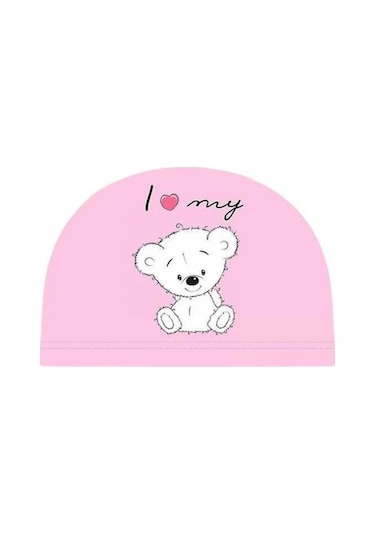 Çocuklar İçin Pembe Ayıcık Figürlü Deniz Havuz Bonesi, Likralı Bez Bone Yüzücü Deniz Bonesi, Su Spor Pembe