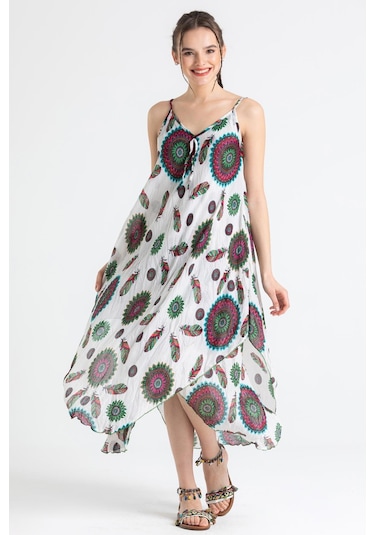 Askılı Vual Afrodit Midi Boy Elbise Yeşil-beyaz 6197 - Kadın Beyaz - Yeşil