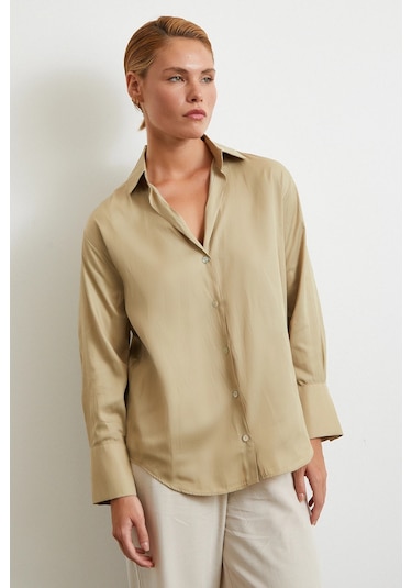 Diagonal Desen Gömlek Bej Bej