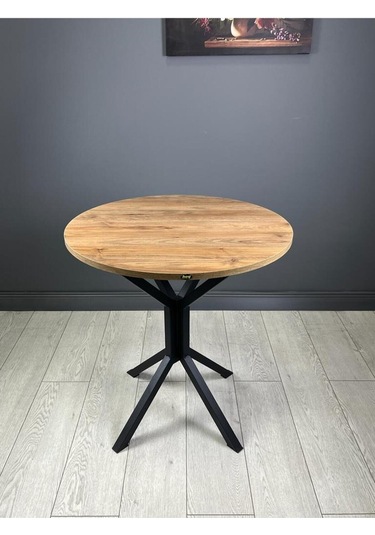 Nisa Ceviz Yuvarlak Mutfak Masası Yemek Masası Balkon Masası Metal Siyah Ayak 70 Cm