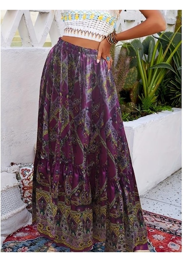 Koyu Mor Paisley Desenli Büzgülü Etekler, Boho Pileli Yazlık Maxi Etekler, Kadın Giyim Koyu Mor