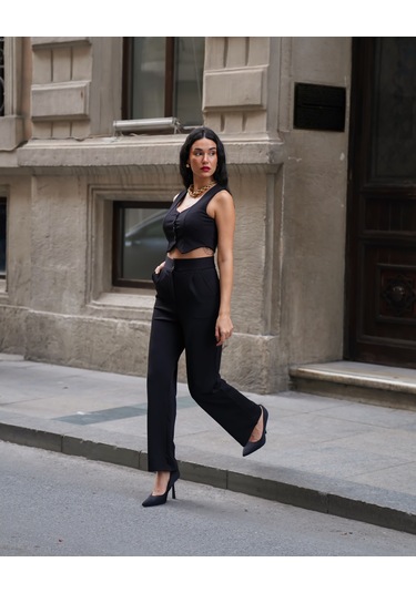 Kadın Crep V Yaka Yelek Ve Pantolon Takım Siyah