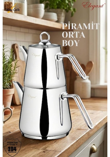Piramit Orta Boy Çelik Kulplu Çaydanlık Takımı Çelik