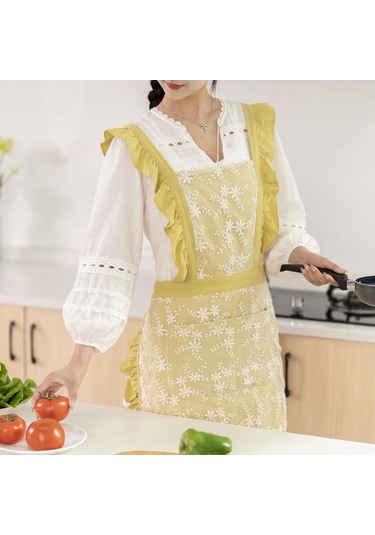 Kadınlar İçin Cepli Vintage Önlük Önlük Elbise Sevimli Çiçekli Che Lime Sarısı, Diğer