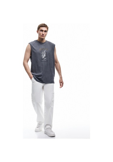 Koton Pamuklu Yıkamalı Bisiklet Yaka Baskılı Kolsuz Tişört Antrasit 5sam30024mk Antrasit