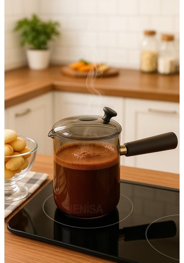 Çok Amaçlı Isıya Dayanıklı Cam Cezve & Sosluk 550 Ml - Ahşap Saplı Modern Tasarım Kahverengi