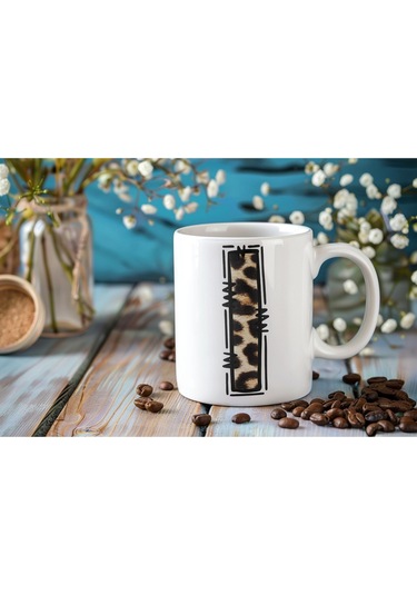 I Baş Harf Leopar Desenli Kupa Bardak - Kişiye Özel Feminen Konsept Hediye - Vahşi Hayvan Desenli Beyaz