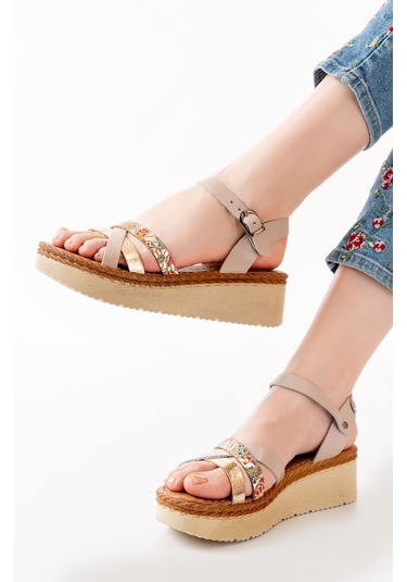 730-015 Bej Garni Ortopedik Hakiki Deri Dolgu Kadın Sandalet Bej