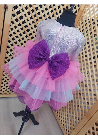 Uzun Kollu Barbie Elbise Rengarenk Pembe Gri