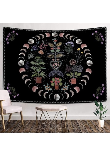 Bitki Goblen Boho Ay Ve Güneş Duvar Sanatı Asılı Halılar Mandala Estetik Odası Dekor Yatak Odası Dekorasyon Aksesuarları Battaniye - 150 X 130 Cm