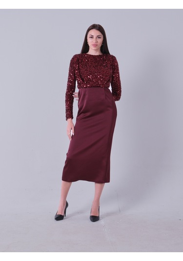 Feminist Bordo Üst Pul Payet İşlemeli Altı Krep Tesettür Abiye 6502503.04