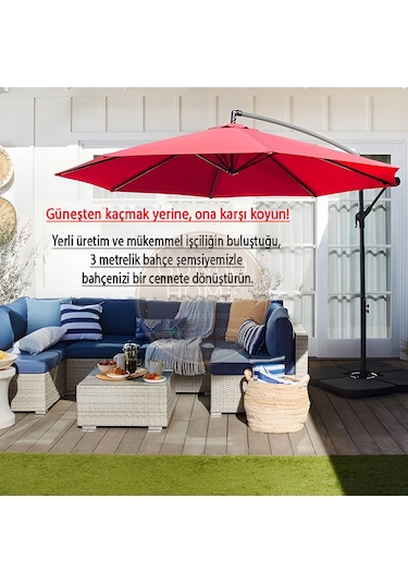Gunbo Home 3 Mt 8 Kaburga Full Demir 21 Kg Kırmızı Bahçe Şemsiyes