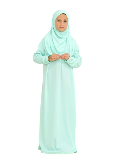 İki Parça Çocuk Elbisesi Seti Eşarp İle Takım Mint Yeşili